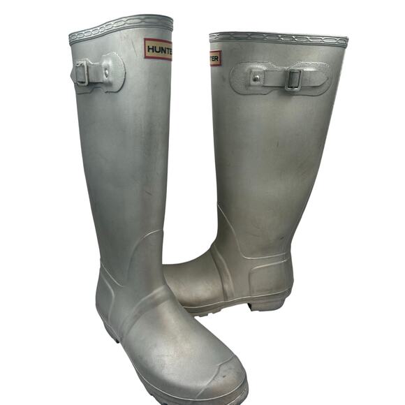 Hunter Original Sz 10 Silver Rubber Pull On Buckle Womens Riding Rain Boots - Picture 2 of 8